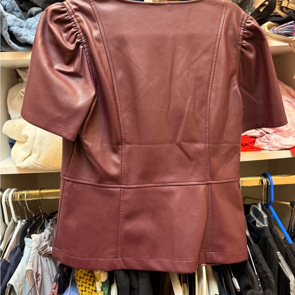 Ann Taylor Wine Faux Leather V-Neck Top - Picture 3 of 3
